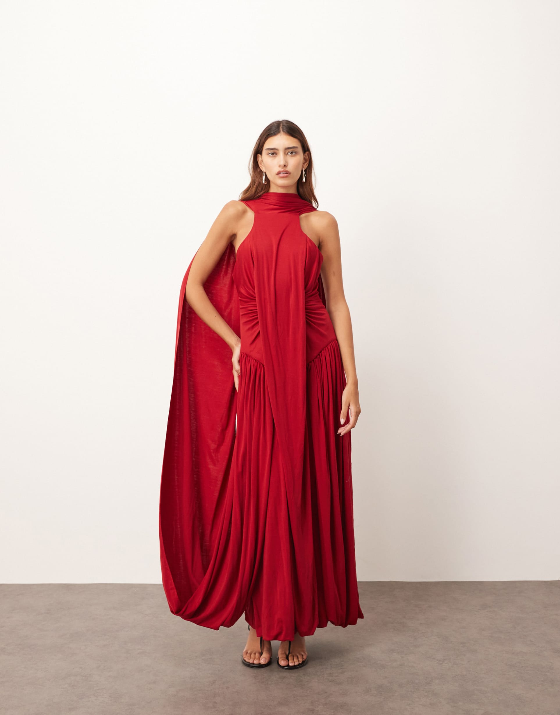 arrange scarf neck draped hem open back maxi dress in burgundy