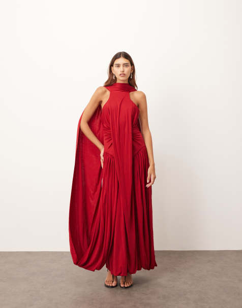 ARRANGE scarf neck draped hem open back maxi dress in burgundy