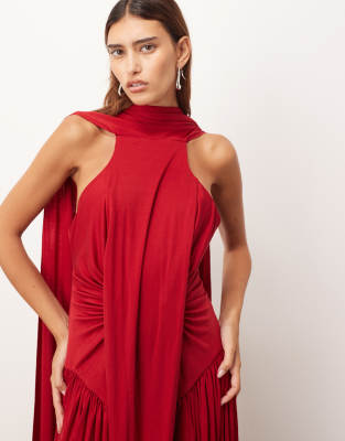 Arrange Scarf Neck Draped Hem Open Back Maxi Dress In Red
