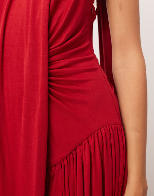 ARRANGE scarf neck draped hem open back maxi dress in burgundy