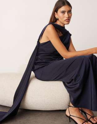 Arrange Scarf Neck Draped Maxi Dress With Low Back And Train In Blue