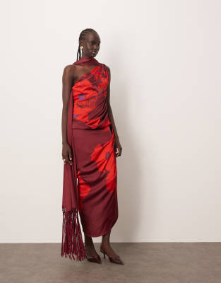 Arrange Scarf Neck Draped Midi Dress With Low Back In Red