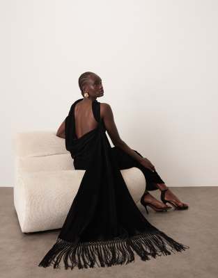 ARRANGE scarf neck draped velvet maxi dress with low back and train in black