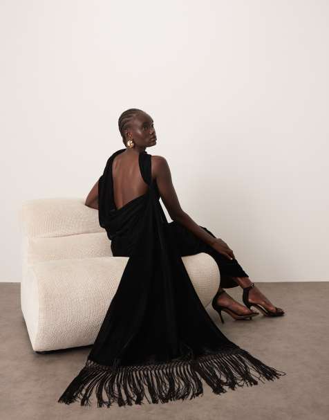 ARRANGE scarf neck draped velvet maxi dress with low back and train in black - view 1
