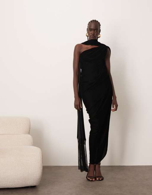 ARRANGE scarf neck draped velvet maxi dress with low back and train in black