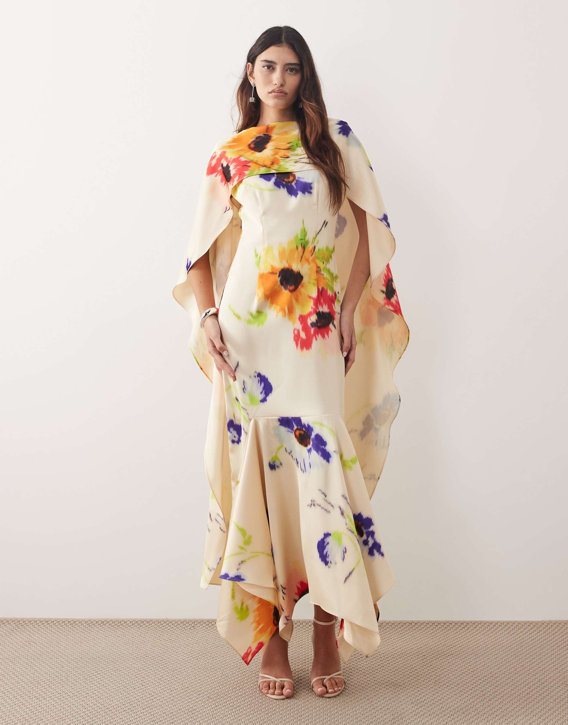 arrange scarf neck maxi dress with square cut hem in blurred floral print