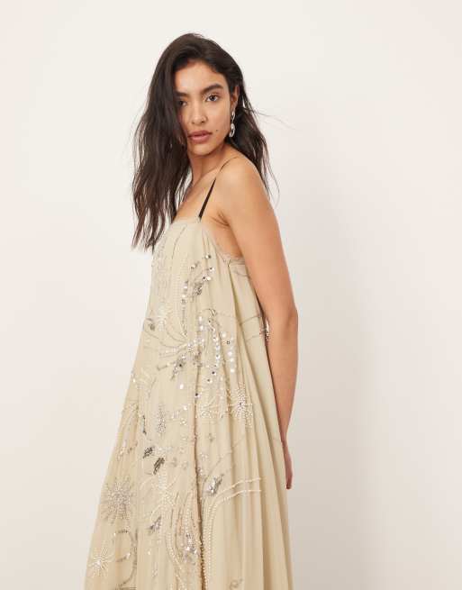 ARRANGE scatter embellished trapeze maxi dress with cami straps in washed green, 2 of 4