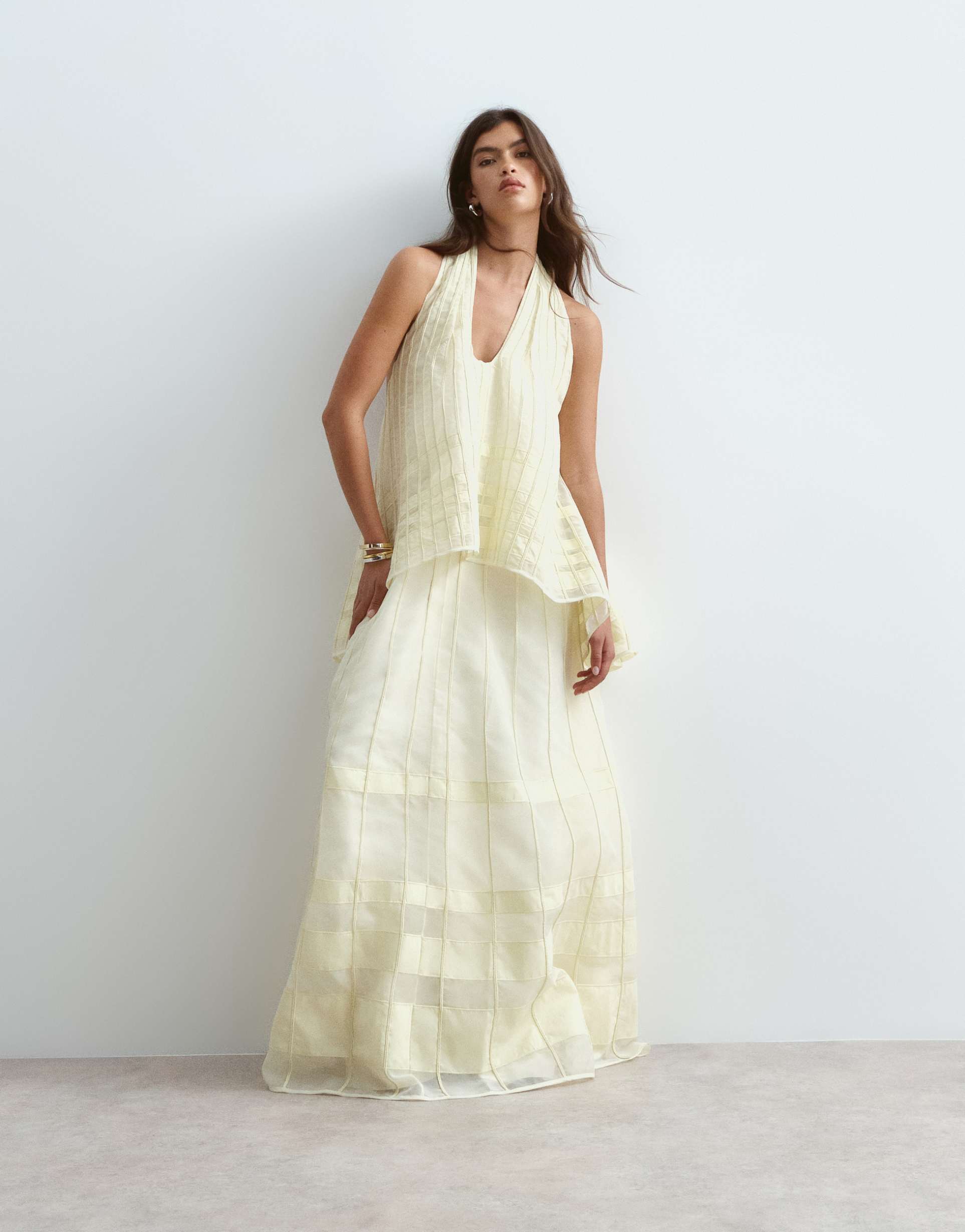 arrange scoop neck organza halter trapeze maxi dress with linear embroidery in soft yellow