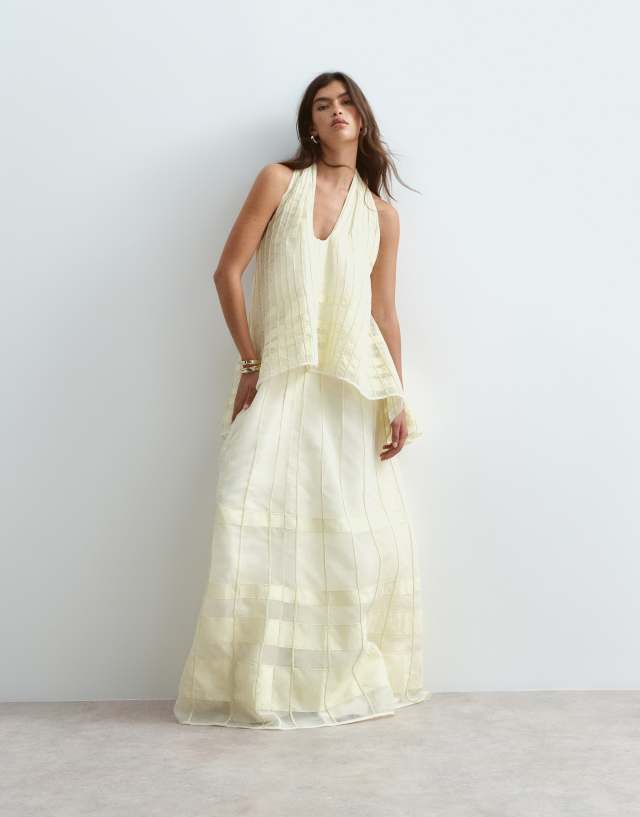 halter trapeze maxi dress ARRANGE scoop neck organza with linear embroidery in soft yellow BRIDALSALE