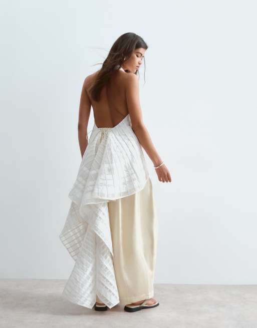 ARRANGE scoop neck organza halter trapeze top in linear embroidery in white, 2 of 5