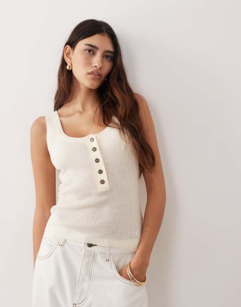 ARRANGE scoop neck soft knit tank top with buttons in cream - view 1