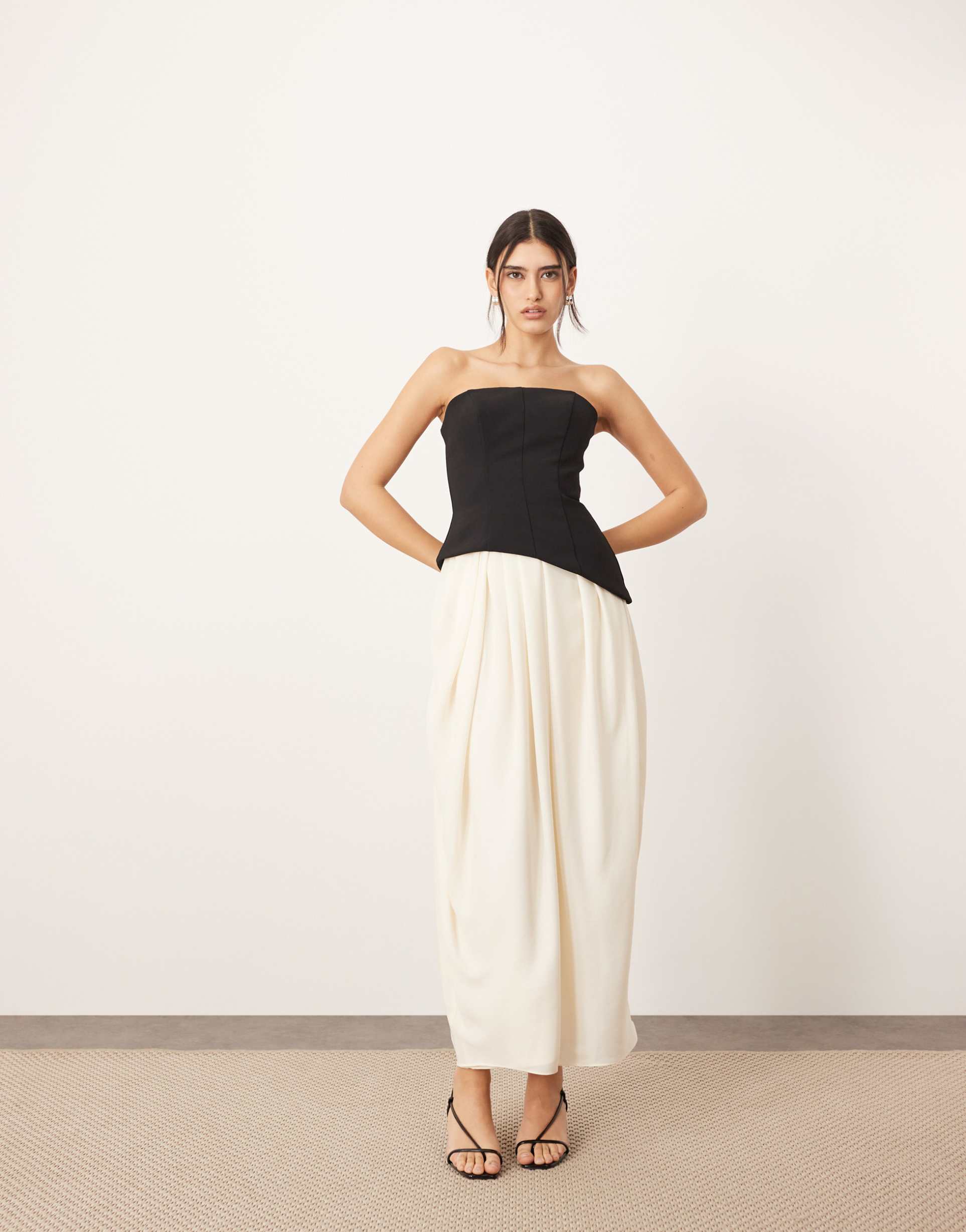 arrange sculpted bandeau with drape tulip skirt midi dress in contrast mono