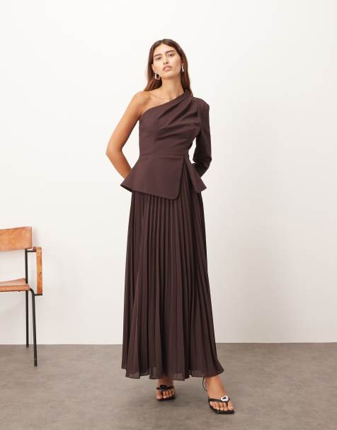 ARRANGE sculpted one shoulder maxi dress with micro pleat hem in chocolate - view 1
