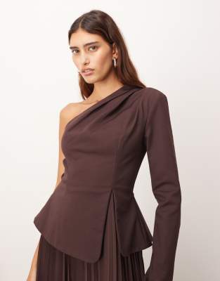 Arrange Sculpted One Shoulder Maxi Dress With Micro Pleated Hem In Brown
