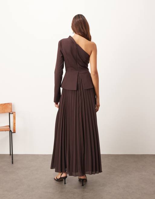 ARRANGE sculpted one shoulder maxi dress with micro pleated hem in chocolate