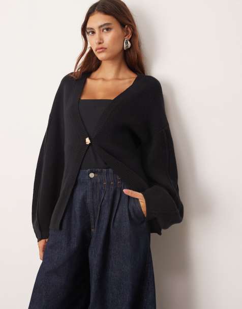 ARRANGE sculpted waist cardigan with ovoid sleeve in black - view 1