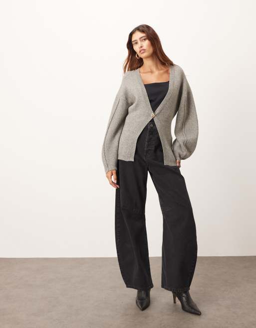 ARRANGE sculpted waist cardigan with ovoid sleeve in grey, 2 of 4
