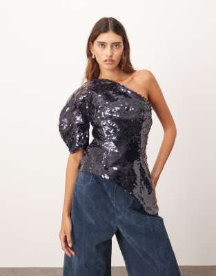 Arrange Sculptural One Shoulder Sequin Top In Blue