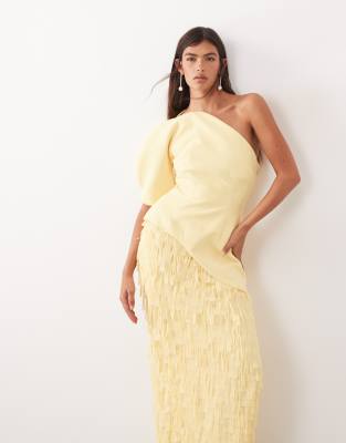 Arrange Sculptural One Shoulder Texture Hybrid Midaxi Dress In Yellow