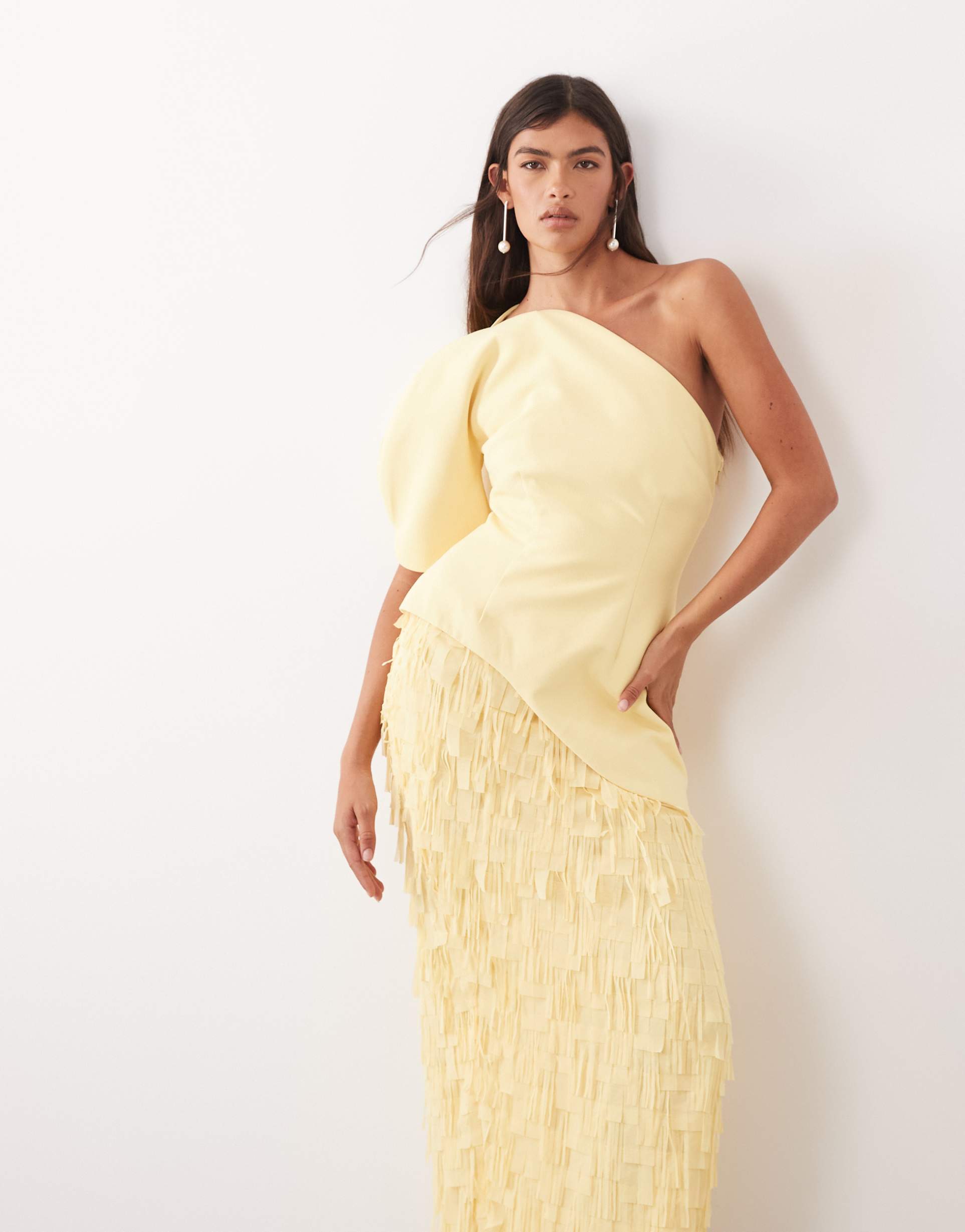 arrange sculptural one shoulder textured hybrid maxi dress in buttermilk