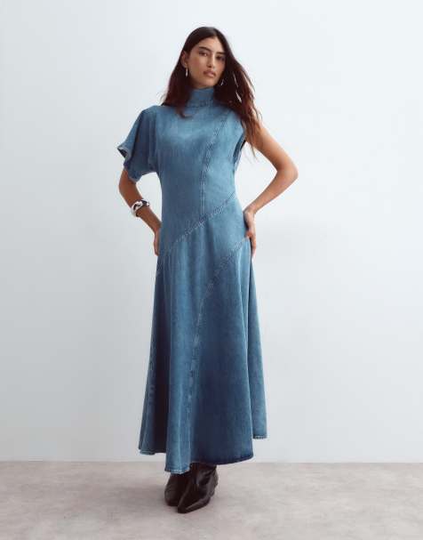 ARRANGE seam detail denim maxi dress in mid wash blue - view 1
