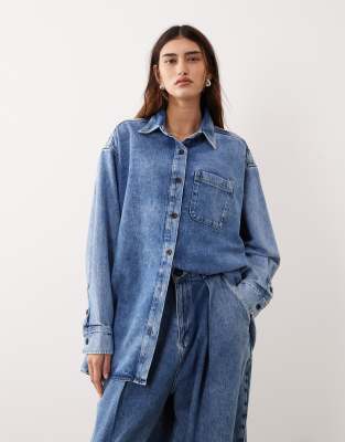ARRANGE seam detail washed denim shirt co-ord in mid wash blue