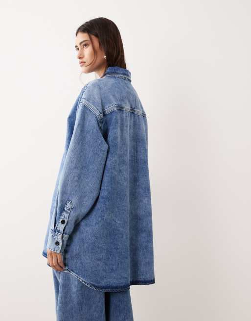 ARRANGE seam detail washed denim shirt co-ord in mid wash blue, 4 of 4