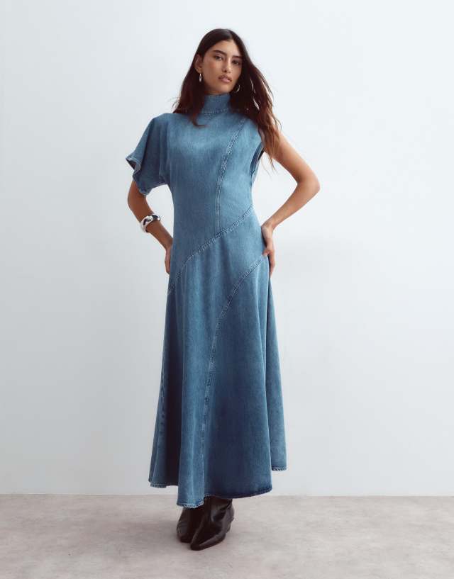 denim midaxi dress ARRANGE seam detailing in medium-wash blue brand:donna-morgan and a deep indigo Size:M Petite BamGleam Women'S Solid One Asos design