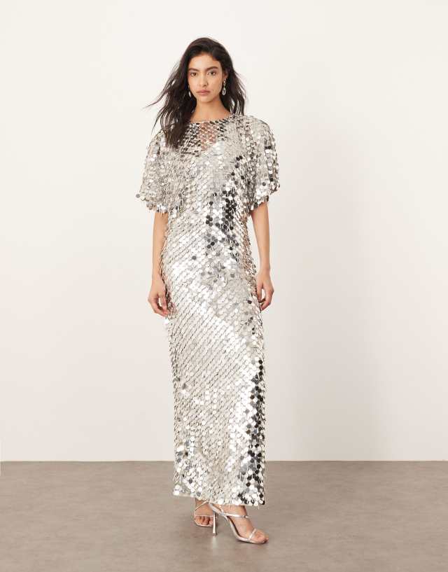 grey sequin midi dress ARRANGE and fringe strong shoulder in silver *sb18376*