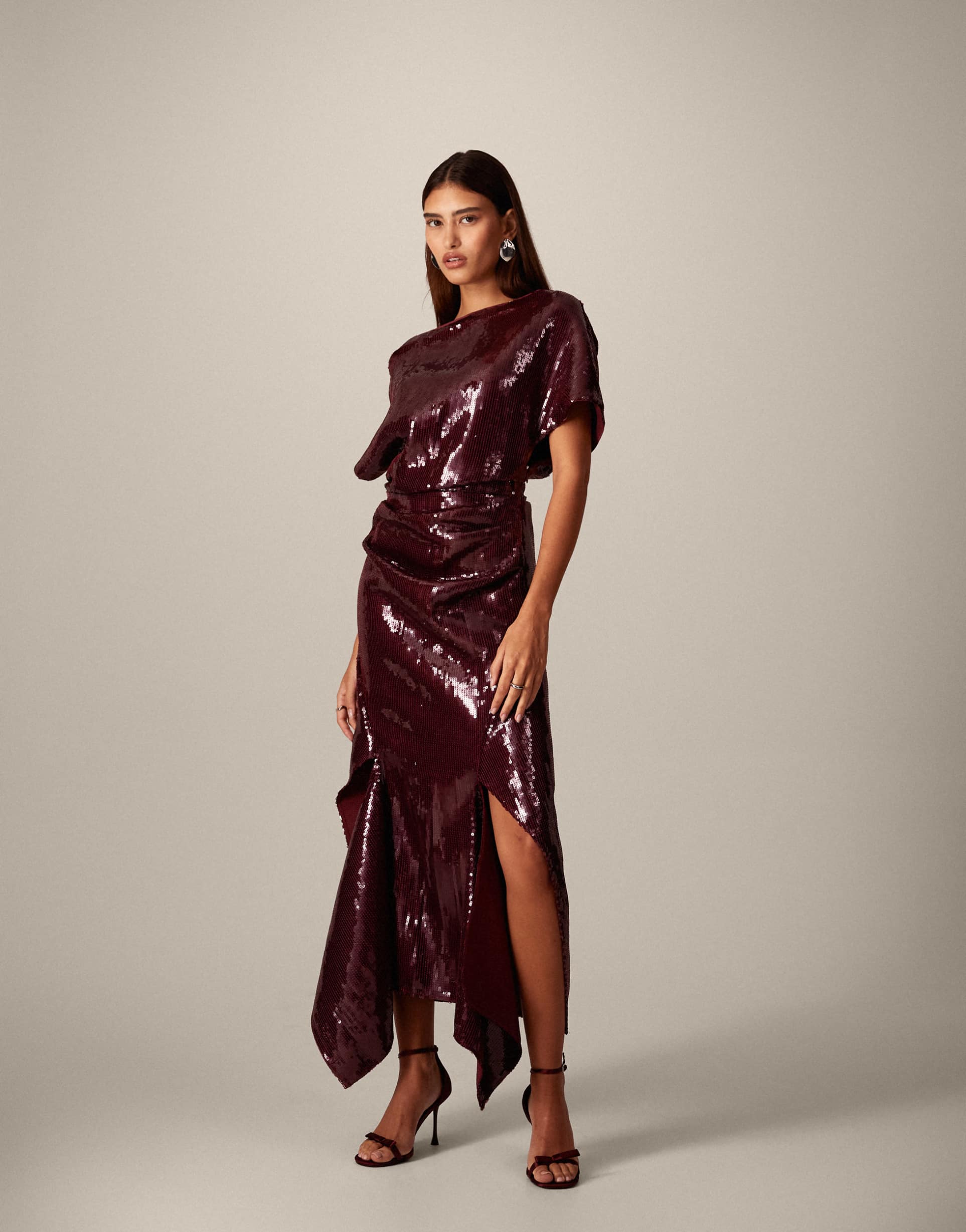 arrange sequin draped bodice square cut hem maxi dress in red