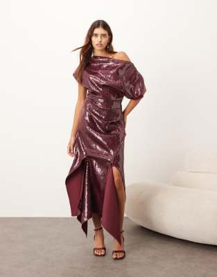 Arrange Sequin Draped Bodice Square Cut Hem Maxi Dress In Red