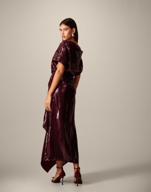 ARRANGE sequin draped bodice square cut hem maxi dress in red