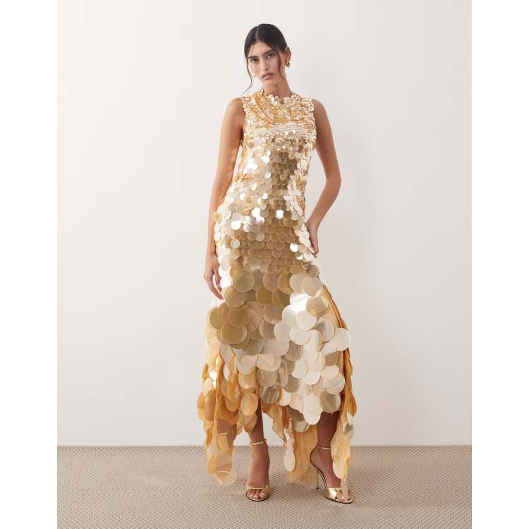 glitter high neck dress ARRANGE sequin embellished maxi in apricot sleeve mini crafted from