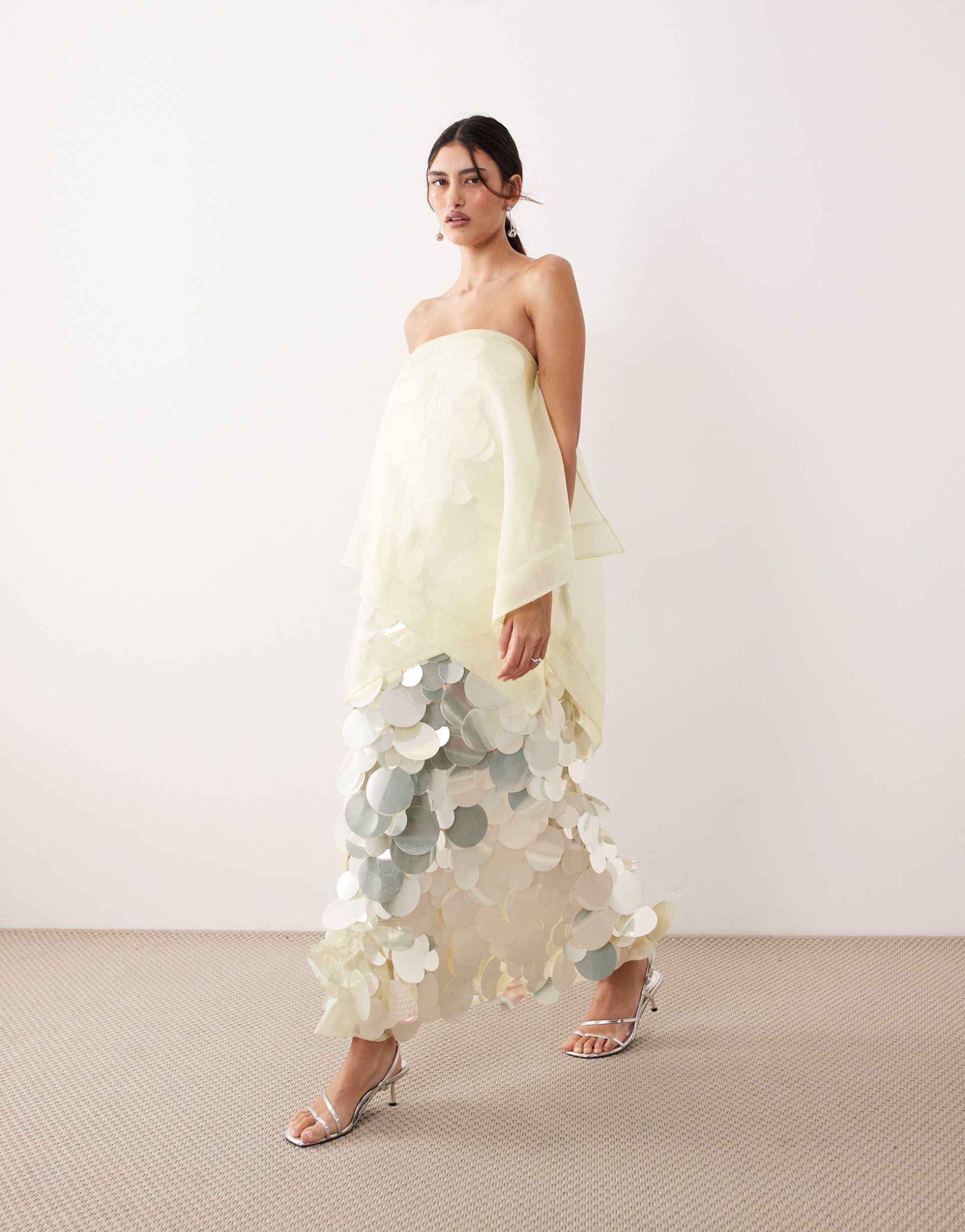 arrange sequin embellished strapless maxi dress with overlayer in buttermilk