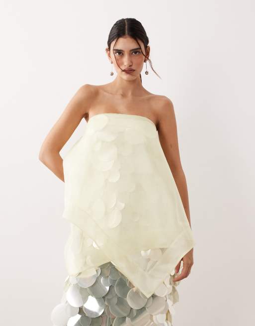 ARRANGE embellished sequin bandeau maxi dress with overlayer in buttermilk