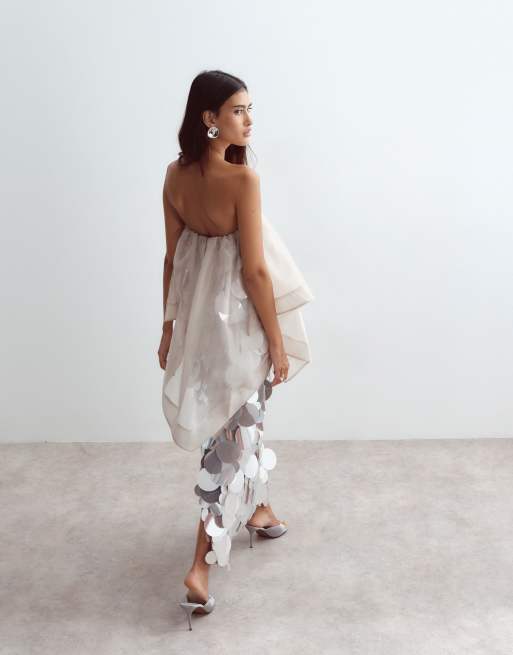ARRANGE sequin embellished strapless maxi dress with overlayer in silver, 4 of 5