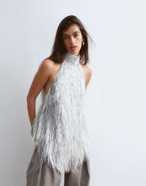 ARRANGE shard sequin hanky hem halter top in silver - view 1