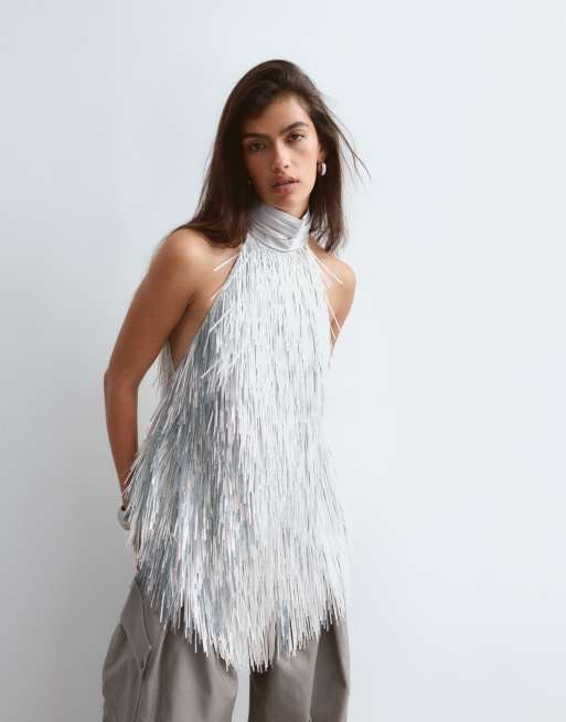 ARRANGE shard sequin hanky hem halter top in silver, 2 of 5
