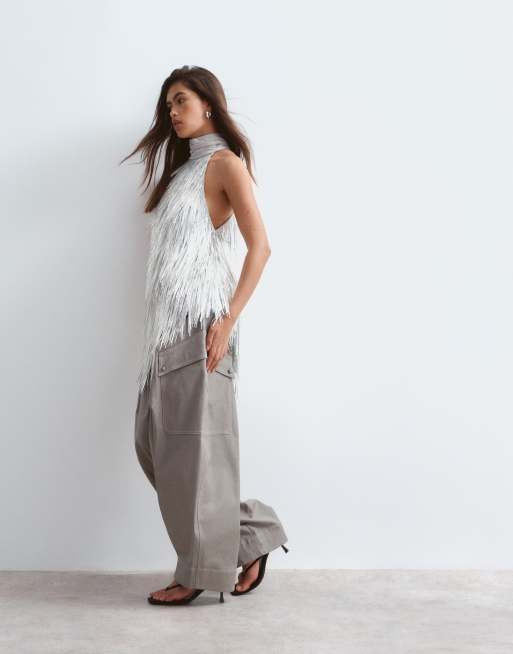 ARRANGE shard sequin hanky hem halter top in silver, 3 of 5