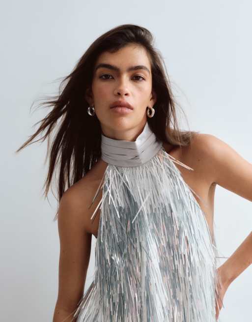 ARRANGE shard sequin hanky hem halter top in silver, 4 of 5