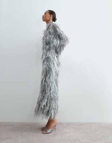 ARRANGE shard sequin long sleeve maxi dress in silver - view 1