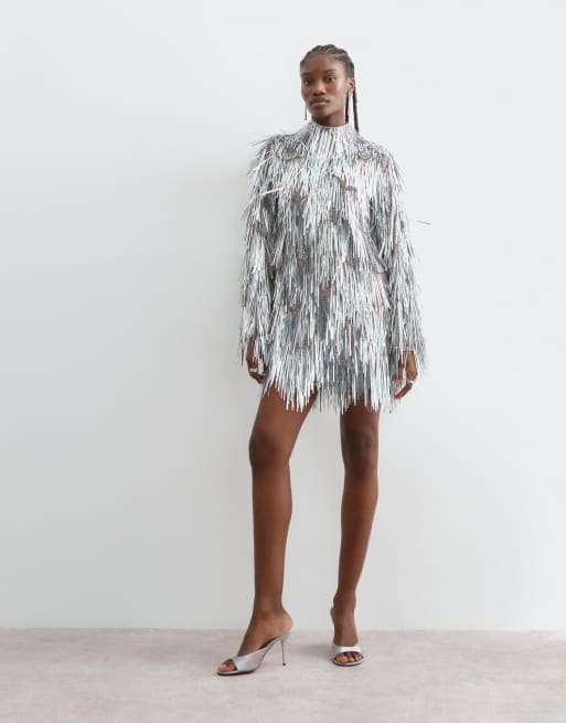 ARRANGE shard sequin long sleeve mini dress in silver, 2 of 5