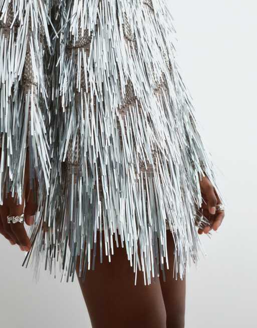 ARRANGE shard sequin long sleeve mini dress in silver, 3 of 5