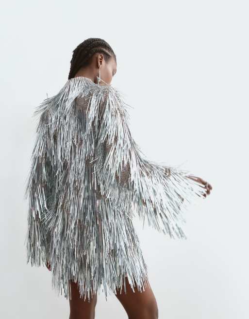 ARRANGE shard sequin long sleeve mini dress in silver, 4 of 5