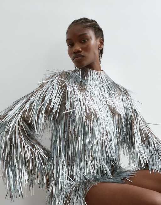 ARRANGE shard sequin long sleeve mini dress in silver, 5 of 5