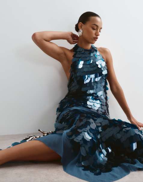 ARRANGE shard sequin square cut hem midi skirt co-ord in petrol blue - view 1