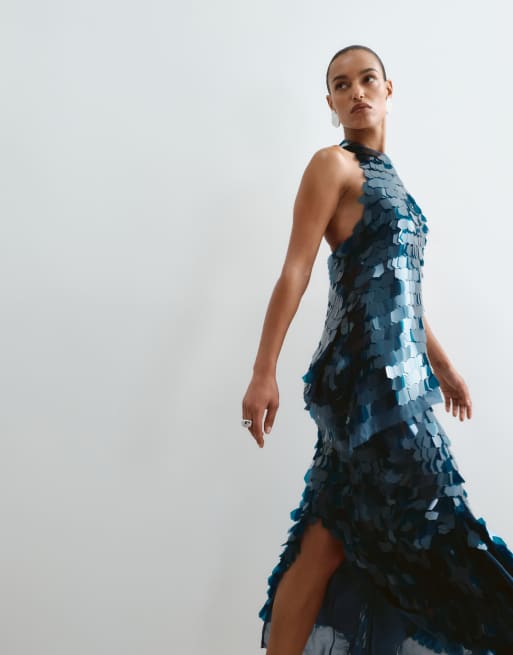 ARRANGE shard sequin square cut hem midi skirt co-ord in petrol blue, 5 of 5