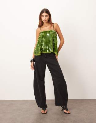 Arrange Shard Sequins Top With Contrast Straps In Green