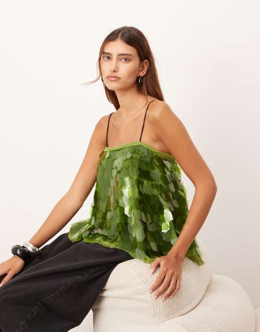 ARRANGE shard sequins top with contrast straps in olive, 2 of 4