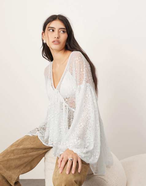 ARRANGE sheer delicate lace volume blouse in light blue - view 1